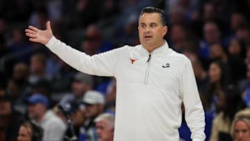 Nov 4, 2025; Charlotte, North Carolina, USA; Texas Longhorns head coach Sean Miller reacts to a play against the Duke Blue Devils during the first half of the Dick Vitale’s Invitational game at Spectrum Center. Mandatory Credit: Cory Knowlton-Imagn Images
