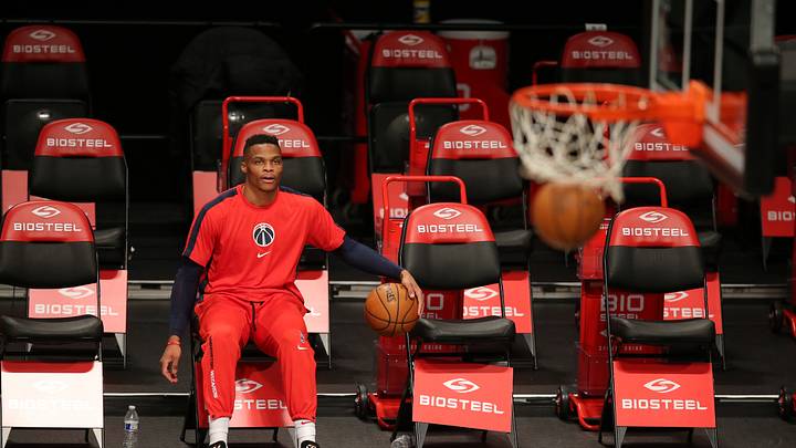 Jan 3, 2021; Brooklyn, New York, USA; Washington Wizards point guard Russell Westbrook (4) dribbles a ball before a game against the Brooklyn Nets at Barclays Center. Mandatory Credit: Brad Penner-USA TODAY Sports