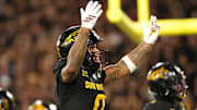 Sep 26, 2025; Tempe, Arizona, USA; Arizona State Sun Devils wide receiver Jordyn Tyson (0) celebrates quarterback Sam Leavitt’s (not pictured) touchdown against TCU Horned Frogs during the first half at Mountain America Stadium, Home of the ASU Sun Devils. Mandatory Credit: Jacob Reiner-Imagn Images