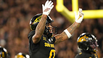 Sep 26, 2025; Tempe, Arizona, USA; Arizona State Sun Devils wide receiver Jordyn Tyson (0) celebrates quarterback Sam Leavitt’s (not pictured) touchdown against TCU Horned Frogs during the first half at Mountain America Stadium, Home of the ASU Sun Devils. Mandatory Credit: Jacob Reiner-Imagn Images