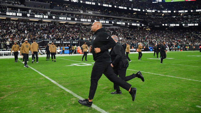 Nov 12, 2023; Paradise, Nevada, USA; Las Vegas Raiders interim head coach Antonio Pierce following