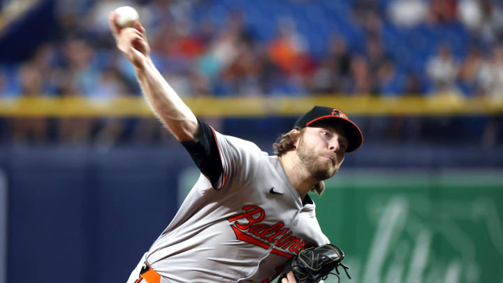 Jun 10, 2024; St. Petersburg, Florida, USA; Baltimore Orioles pitcher Corbin Burnes (39) throws a pitch against the Tampa Bay Rays during the seventh inning at Tropicana Field. 