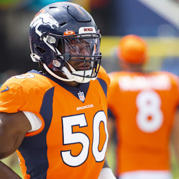 Sep 19, 2021; Jacksonville, Florida, USA; Denver Broncos linebacker Jonas Griffith (50) against the Jacksonville Jaguars at TIAA Bank Field. Mandatory Credit: Mark J. Rebilas-USA TODAY Sports