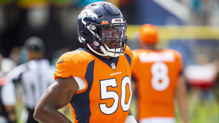 Sep 19, 2021; Jacksonville, Florida, USA; Denver Broncos linebacker Jonas Griffith (50) against the Jacksonville Jaguars at TIAA Bank Field. Mandatory Credit: Mark J. Rebilas-USA TODAY Sports