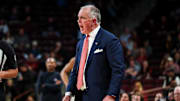 Dec 2, 2025; Columbia, South Carolina, USA; Virginia Tech Hokies head coach Mike Young directs his team against the South Carolina Gamecocks in the first half at Colonial Life Arena. Mandatory Credit: Jeff Blake-Imagn Images