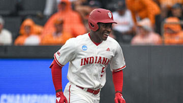 Indiana's Devin Taylor (5) smiles after hitting a home run during a NCAA Baseball Tournament Knoxville Regional game at Lindsey Nelson Stadium on Saturday, June 1, 2024 in Knoxville, Tenn.