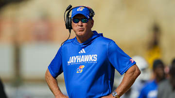 Sep 6, 2025; Columbia, Missouri, USA; Kansas Jayhawks head coach Lance Leipold reacts during the first half against the Missouri Tigers at Faurot Field at Memorial Stadium. Mandatory Credit: Jay Biggerstaff-Imagn Images