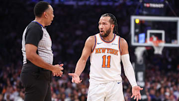 Apr 19, 2025; New York, New York, USA; New York Knicks guard Jalen Brunson (11) argues with an official in Game One of the First Round of the NBA Playoffs against the Detroit Pistons at Madison Square Garden. Mandatory Credit: Wendell Cruz-Imagn Images