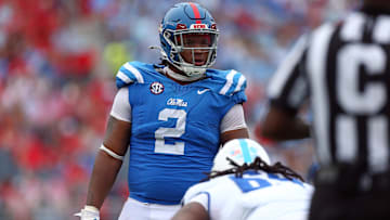 Sep 28, 2024; Oxford, Mississippi, USA; Mississippi Rebels defensive linemen Walter Nolen (2) waits for the snap during the second half against the Kentucky Wildcats at Vaught-Hemingway Stadium. Mandatory Credit: Petre Thomas-Imagn Images