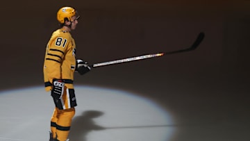 Oct 9, 2025; Pittsburgh, Pennsylvania, USA;  Pittsburgh Penguins center Ben Kindel (81) during player introductions against the New York Islanders at PPG Paints Arena. Mandatory Credit: Charles LeClaire-Imagn Images