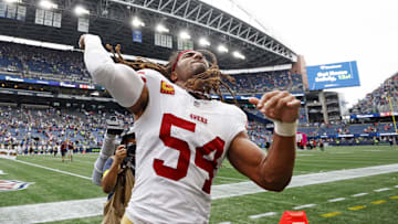 Sep 7, 2025; Seattle, Washington, USA; San Francisco 49ers linebacker Fred Warner (54) reacts after the game against the Seattle Seahawks during the fourth quarter at Lumen Field. Mandatory Credit: Joe Nicholson-Imagn Images