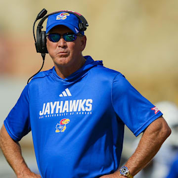Sep 6, 2025; Columbia, Missouri, USA; Kansas Jayhawks head coach Lance Leipold reacts during the first half against the Missouri Tigers at Faurot Field at Memorial Stadium. Mandatory Credit: Jay Biggerstaff-Imagn Images
