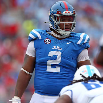 Sep 28, 2024; Oxford, Mississippi, USA; Mississippi Rebels defensive linemen Walter Nolen (2) waits for the snap during the second half against the Kentucky Wildcats at Vaught-Hemingway Stadium. Mandatory Credit: Petre Thomas-Imagn Images