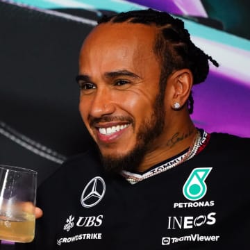 May 2, 2024; Miami Gardens, Florida, USA;  Mercedes driver Lewis Hamilton (44) during a press conference in advance of the Miami Grand Prix at the Miami International Autodrome. Mandatory Credit: John David Mercer-USA TODAY Sports