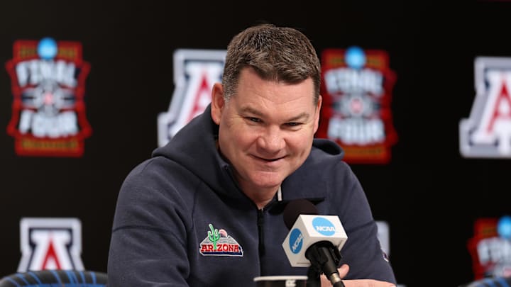 Apr 3, 2026; Indianapolis, IN, USA; Arizona Wildcats head coach Tommy Lloyd speaks during a press conference ahead of the Final Four of the men's 2026 NCAA Tournament at Lucas Oil Stadium. Mandatory Credit: Trevor Ruszkowski-Imagn Images