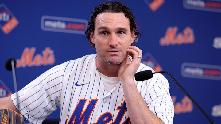 Sep 30, 2023; New York City, New York, USA; New York Mets former player Daniel Murphy meets the media during a press conference before a game against the Philadelphia Phillies at Citi Field. Mandatory Credit: Brad Penner-Imagn Images
