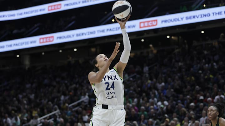 Jun 11, 2025; Seattle, Washington, USA; Minnesota Lynx forward Napheesa Collier (24) shoots against the Seattle Storm during the second half at Climate Pledge Arena. Mandatory Credit: John Froschauer-Imagn Images