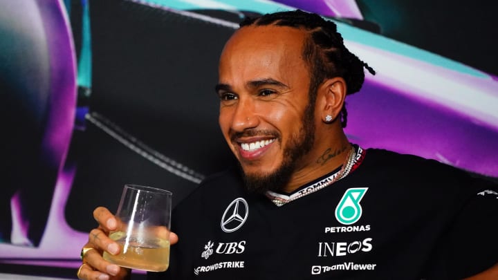 May 2, 2024; Miami Gardens, Florida, USA;  Mercedes driver Lewis Hamilton (44) during a press conference in advance of the Miami Grand Prix at the Miami International Autodrome. Mandatory Credit: John David Mercer-USA TODAY Sports