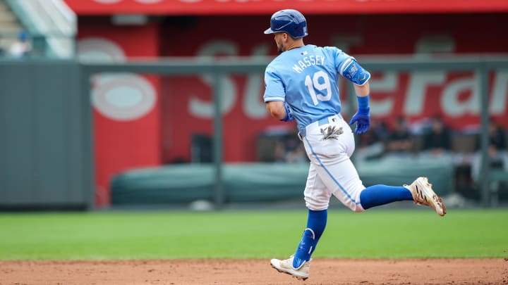 Jun 28, 2023; Kansas City, Missouri, USA; Kansas City Royals second base Michael Massey (19) rounds the bases after hitting a home run during the second inning against the Cleveland Guardians at Kauffman Stadium. Mandatory Credit: William Purnell-USA TODAY Sports
