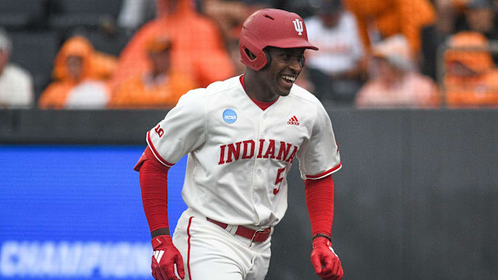 Indiana's Devin Taylor (5) smiles after hitting a home run during a NCAA Baseball Tournament Knoxville Regional game at Lindsey Nelson Stadium on Saturday, June 1, 2024 in Knoxville, Tenn. Indiana's Devin Taylor (5) smiles after hitting a home run during a NCAA Baseball Tournament Knoxville Regional game at Lindsey Nelson Stadium on Saturday, June 1, 2024 in Knoxville, Tenn.