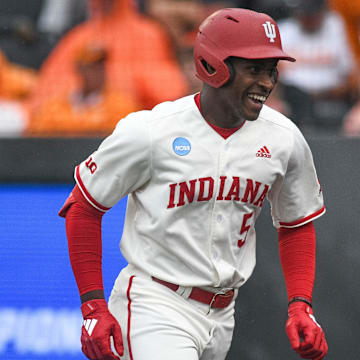 Indiana outfielder Devin Taylor smiles after he hits a home run during an NCAA Regional game against Tennessee on June 1 at Lindsey Nelson Stadium.
