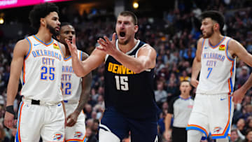 Nov 6, 2024; Denver, Colorado, USA; Denver Nuggets center Nikola Jokic (15) calls out in the second half against the Oklahoma City Thunder at Ball Arena. Mandatory Credit: Ron Chenoy-Imagn Images