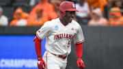 Indiana's Devin Taylor (5) smiles after hitting a home run during a NCAA Baseball Tournament Knoxville Regional game at Lindsey Nelson Stadium on Saturday, June 1, 2024 in Knoxville, Tenn.