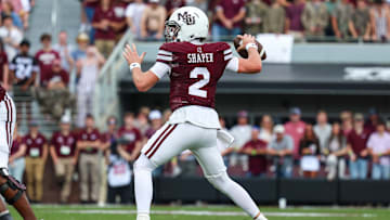 Nov 8, 2025; Starkville, Mississippi, USA; Mississippi State Bulldogs quarterback Blake Shapen (2) throws the ball against the Georgia Bulldogs during the first half at Davis Wade Stadium at Scott Field. Mandatory Credit: Wesley Hale-Imagn Images