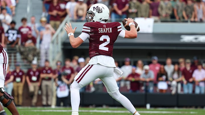 Nov 8, 2025; Starkville, Mississippi, USA; Mississippi State Bulldogs quarterback Blake Shapen (2) throws the ball against the Georgia Bulldogs during the first half at Davis Wade Stadium at Scott Field. Mandatory Credit: Wesley Hale-Imagn Images