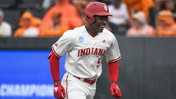 Indiana's Devin Taylor (5) smiles after hitting a home run during a NCAA Baseball Tournament Knoxville Regional game at Lindsey Nelson Stadium on Saturday, June 1, 2024 in Knoxville, Tenn.