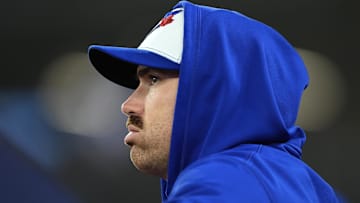 Oct 12, 2025; Toronto, Ontario, CAN; Toronto Blue Jays pitcher Shane Bieber (57) looks on from the dugout in the sixth inning against the Seattle Mariners during game one of the ALCS round for the 2025 MLB playoffs at Rogers Centre. Mandatory Credit: John E. Sokolowski-Imagn Images