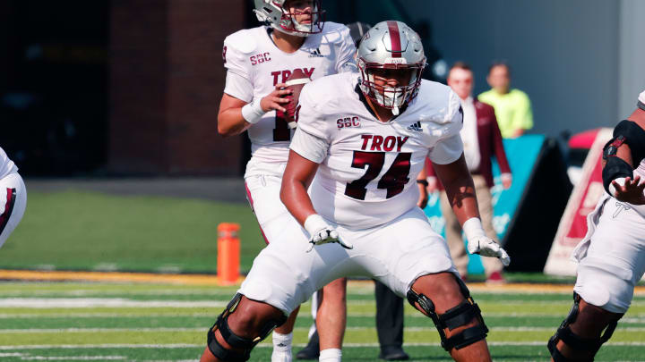 Sep 17, 2022; Boone, North Carolina, USA; Troy Trojans offensive lineman Daniel King (74) guards quarterback Gunnar Watson (18) during the first quarter against the Appalachian State Mountaineers at Kidd Brewer Stadium. Mandatory Credit: Reinhold Matay-USA TODAY Sports