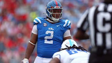 Sep 28, 2024; Oxford, Mississippi, USA; Mississippi Rebels defensive linemen Walter Nolen (2) waits for the snap during the second half against the Kentucky Wildcats at Vaught-Hemingway Stadium. Mandatory Credit: Petre Thomas-Imagn Images