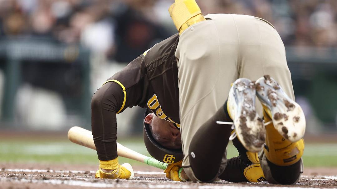 San Diego Padres second baseman Jake Cronenworth (9) after being hit by pitch during the third inning against the San Francisco Giants at Oracle Park on May 4, 2026.
