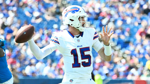 Aug 24, 2024; Orchard Park, New York, USA; Buffalo Bills quarterback Ben DiNucci (15) throws a pass in the second quarter pre