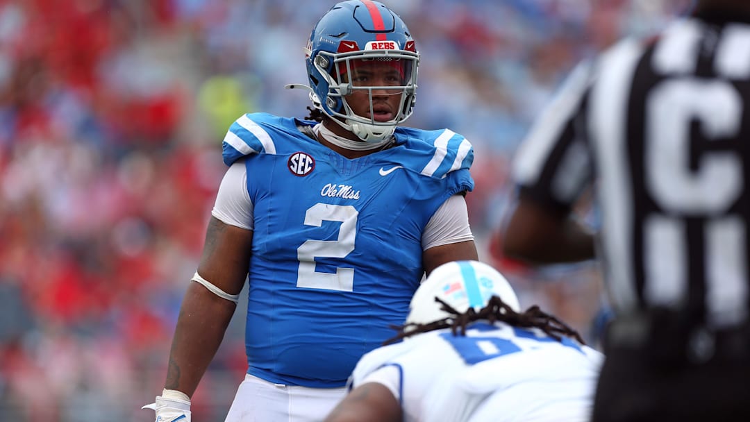Sep 28, 2024; Oxford, Mississippi, USA; Mississippi Rebels defensive linemen Walter Nolen (2) waits for the snap during the second half against the Kentucky Wildcats at Vaught-Hemingway Stadium. Mandatory Credit: Petre Thomas-Imagn Images