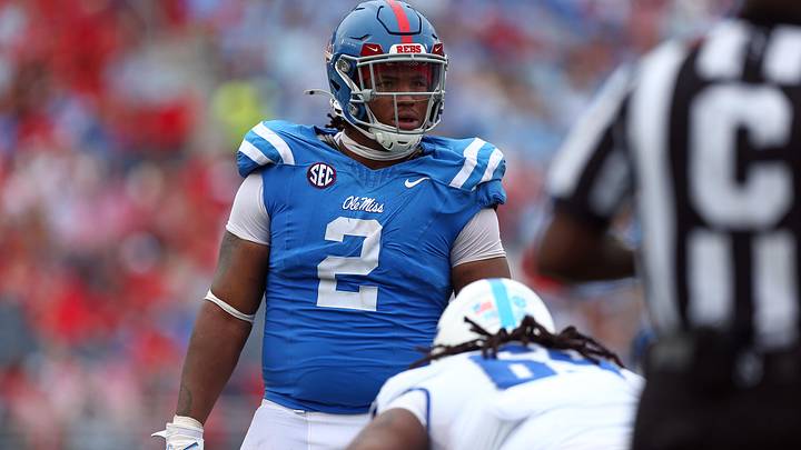 Sep 28, 2024; Oxford, Mississippi, USA; Mississippi Rebels defensive linemen Walter Nolen (2) waits for the snap during the second half against the Kentucky Wildcats at Vaught-Hemingway Stadium. Mandatory Credit: Petre Thomas-Imagn Images