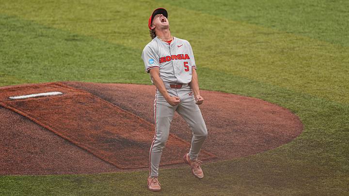 Jun 7, 2026; Athens, GA, USA; Georgia Bulldogs pitcher Justin Byrd (5) and catcher Daniel Jackson (3) react after Georgia defeated the Mississippi State Bulldogs to win the Super Regional at Foley Field. Mandatory Credit: Dale Zanine-Imagn Images