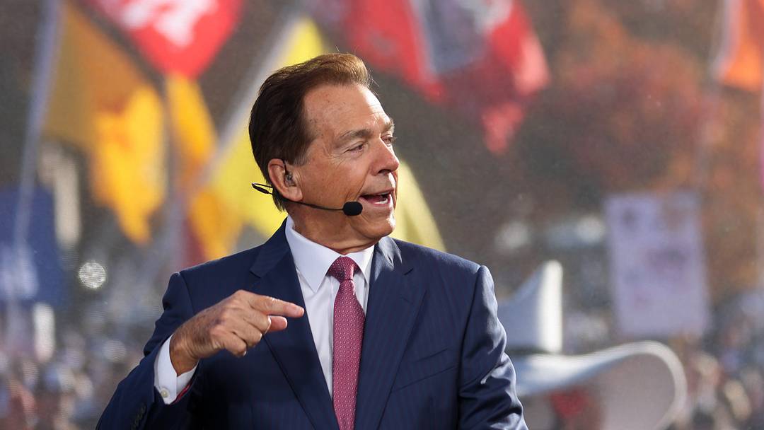 ESPN College GameDay analyst Nick Saban speaks during the live broadcast on the Texas Tech University campus on Nov. 8, 2025 in Lubbock, Texas.