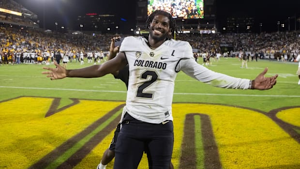 Oct 7, 2023; Tempe, Arizona, USA; Colorado Buffaloes quarterback Shedeur Sanders (2) celebrates after defeating the Arizona S
