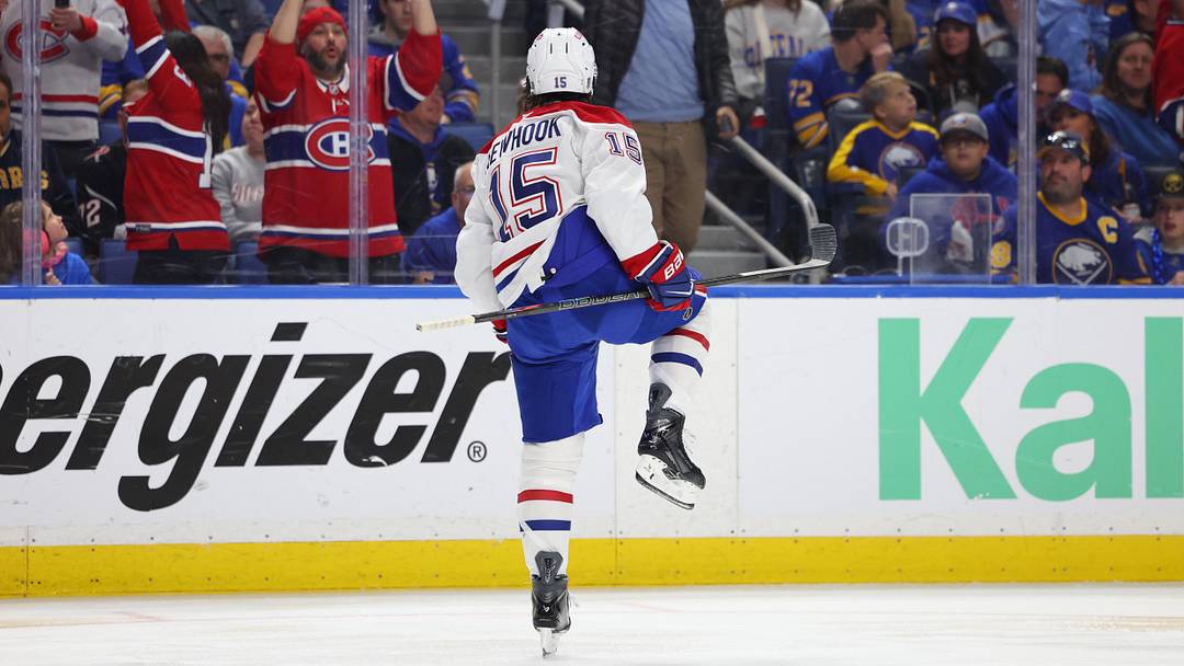 May 8, 2026; Buffalo, New York, USA; Montréal Canadiens center Alex Newhook (15) reacts after scoring a goal during the first period against the Buffalo Sabres in game two of the second round of the 2026 Stanley Cup Playoffs at KeyBank Center. Mandatory Credit: Timothy T. Ludwig-Imagn Images