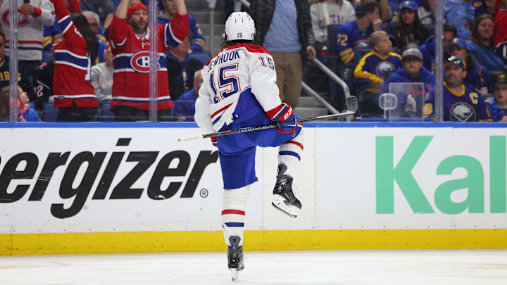 May 8, 2026; Buffalo, New York, USA; Montréal Canadiens center Alex Newhook (15) reacts after scoring a goal during the first period against the Buffalo Sabres in game two of the second round of the 2026 Stanley Cup Playoffs at KeyBank Center. Mandatory Credit: Timothy T. Ludwig-Imagn Images