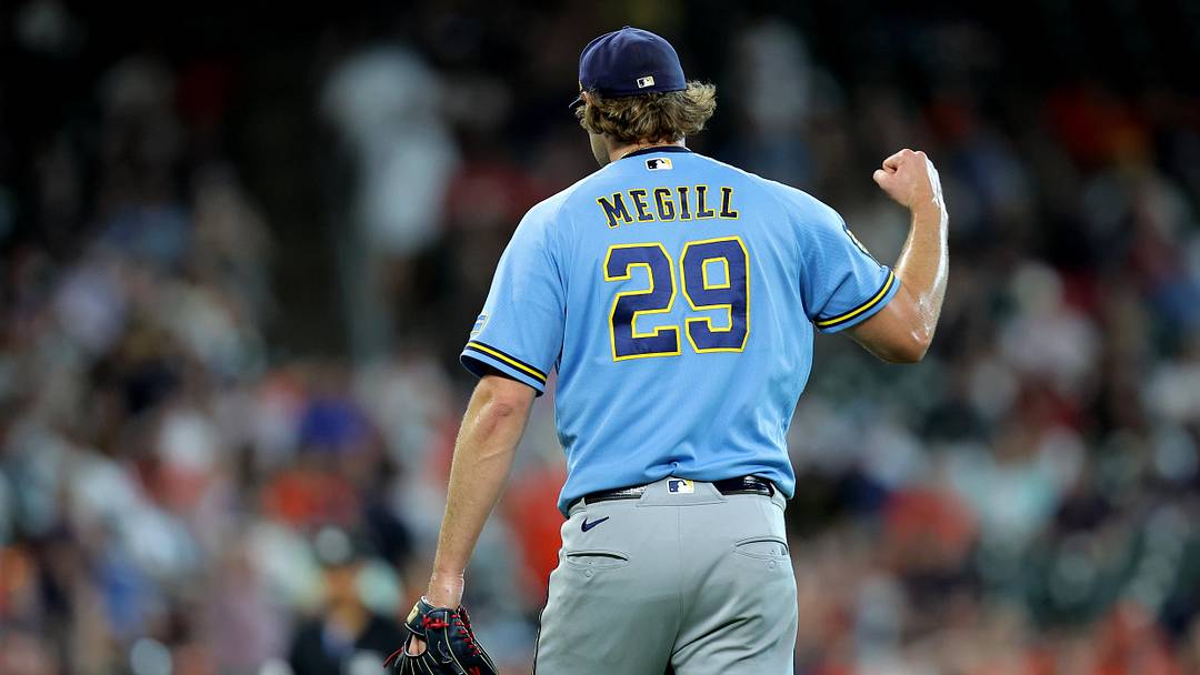 May 31, 2026; Houston, Texas, USA; Milwaukee Brewers pitcher Trevor Megill (29) reacts after the final out against the Houston Astros during the ninth inning at Daikin Park. Mandatory Credit: Erik Williams-Imagn Images