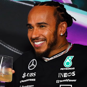 May 2, 2024; Miami Gardens, Florida, USA;  Mercedes driver Lewis Hamilton (44) during a press conference in advance of the Miami Grand Prix at the Miami International Autodrome. Mandatory Credit: John David Mercer-Imagn Images