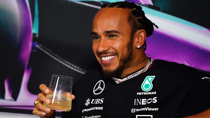 May 2, 2024; Miami Gardens, Florida, USA;  Mercedes driver Lewis Hamilton (44) during a press conference in advance of the Miami Grand Prix at the Miami International Autodrome. Mandatory Credit: John David Mercer-Imagn Images