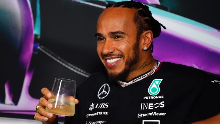 May 2, 2024; Miami Gardens, Florida, USA;  Mercedes driver Lewis Hamilton (44) during a press conference in advance of the Miami Grand Prix at the Miami International Autodrome. Mandatory Credit: John David Mercer-USA TODAY Sports