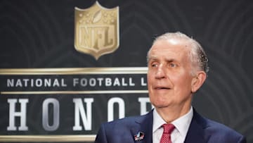 Feb 1, 2020; Miami, Florida, USA; Hall of Fame inductee Paul Tagliabue looks on during the NFL Honors awards presentation at Adrienne Arsht Center. Mandatory Credit: Kirby Lee-Imagn Images