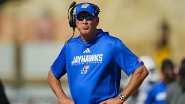 Sep 6, 2025; Columbia, Missouri, USA; Kansas Jayhawks head coach Lance Leipold reacts during the first half against the Missouri Tigers at Faurot Field at Memorial Stadium. Mandatory Credit: Jay Biggerstaff-Imagn Images