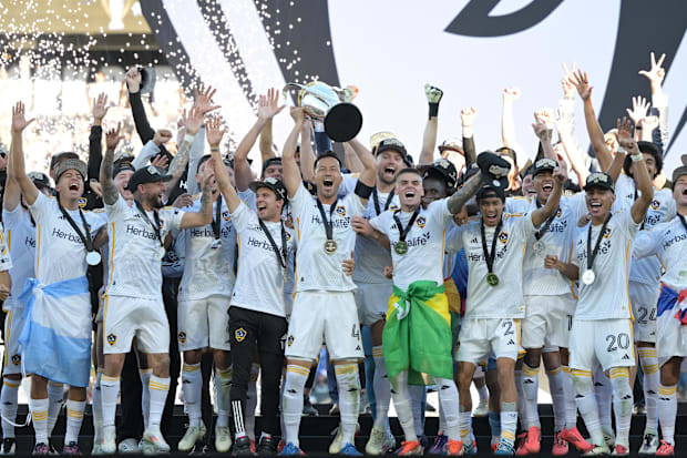 LA Galaxy lift the MLS Cup.