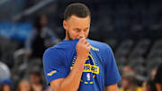 Oct 5, 2025; San Francisco, California, USA;  Golden State Warriors guard Stephen Curry (30) warms up before the game against the Los Angeles Lakers at Chase Center. Mandatory Credit: David Gonzales-Imagn Images